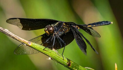 Widow Skimmer Dragonfly Perched on Green Stem with Detailed Wing Veins