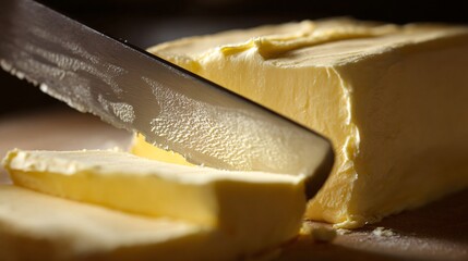 Close-up of butter being sliced cleanly, precision emphasized
