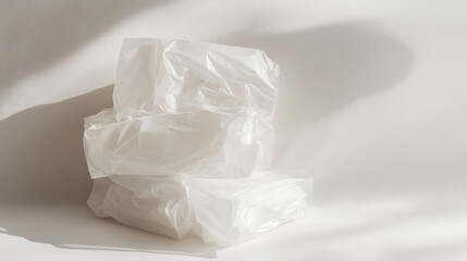 A stack of translucent plastic-wrapped packages rests on a bright surface. The sunlight accentuates their form against a neutral background, highlighting texture and material simplicity.