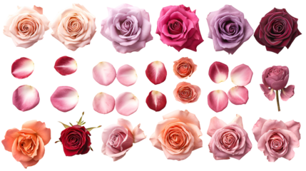 Assortment of vibrant multi-colored roses and delicate individual petals carefully arranged for floral design and creative projects against a black background