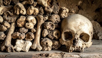 Macabre Still Life: Human Skull and Bone Pile in Dark Catacomb Setting