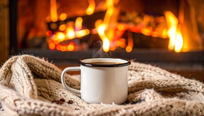 Steaming white enamel mug of coffee on a knitted blanket in front of a warm, cozy fireplace.