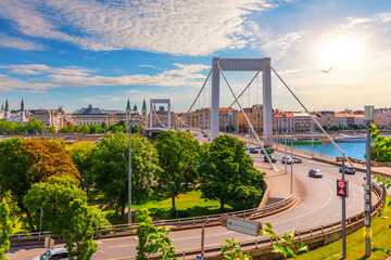 Elisabeth Bridge with historic buildings of city center, aerial view over the Danube River, Budapest, Hungary