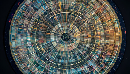 Vibrant circular mosaic pattern with colorful tiles and dynamic design