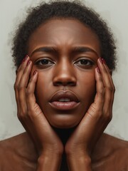 A sad expression crosses the face of a dark-skinned woman. Dramatic lighting highlights her glowing skin and wavy brown hair.