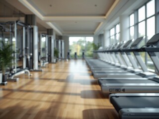 Modern gym interior features rows of empty treadmills and fitness machines. Bright sunlight streams through large windows, providing a blurred background with soft wooden floors.