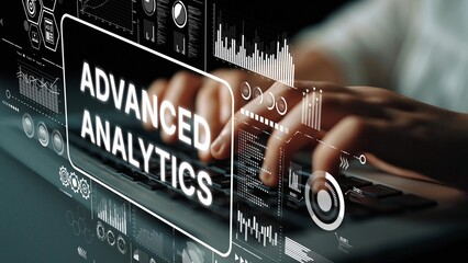 Hands Typing on Keyboard with Advanced Analytics Data Visualization Graphic in Background. Asymptotic smart data analytic.