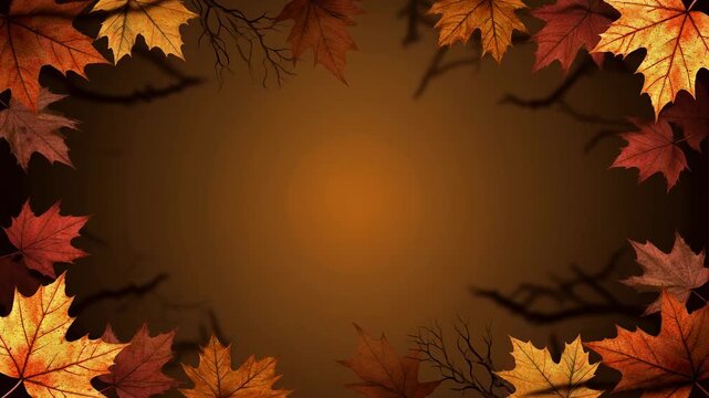 Autumn leaves border on brown gradient background with branch silhouettes, creating a warm, inviting seasonal scene for fall themes.
