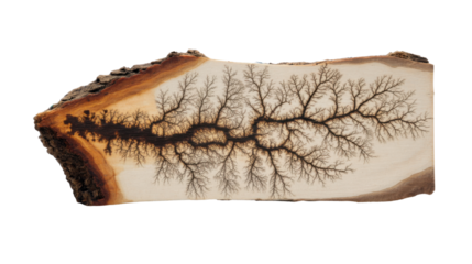 Lichtenberg figure creating fractal burn marks on a wood slab by high voltage electricity, crafting unique art