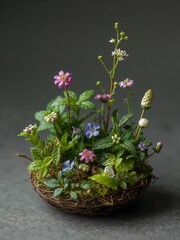 A small, detailed miniature garden arrangement features various green plants and colorful flowers. The dark, moody background highlights the vibrant botanical details and natural textures.