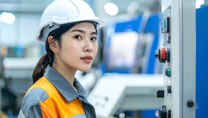 Confident Asian Female Engineer in Hard Hat at Industrial Factory