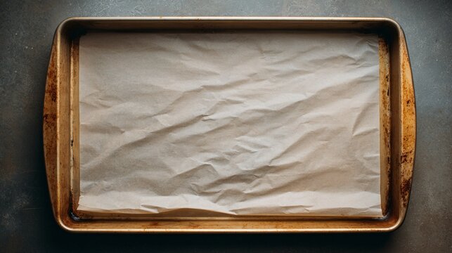 Overhead shot of clean baking tray and folded parchment
