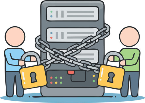 Cartoon Server Security with Chains and Padlocks &ndash; Flat Vector Illustration of Data Protection and Cyber Security Teamwork Icon