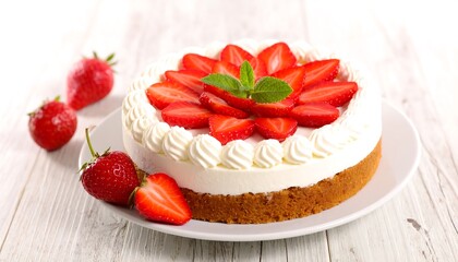 Fresh strawberry cheesecake with whipped cream frosting and mint garnish on a white wooden table.