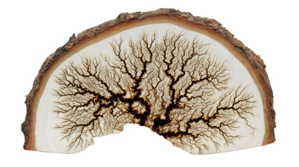 Lichtenberg figure burned into a wood slice, showing fractal electricity artwork and natural organic patterns