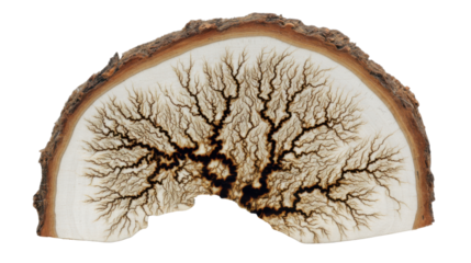Lichtenberg figure burned into a wood slice, showing fractal electricity artwork and natural organic patterns