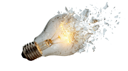 Light bulb exploding into shattering glass shards, representing breakthrough ideas and innovation with bright energy