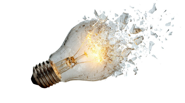 Light bulb exploding into shattering glass shards, representing breakthrough ideas and innovation with bright energy