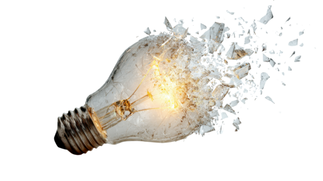 Light bulb exploding into shattering glass shards, representing breakthrough ideas and innovation with bright energy - Powered by Adobe