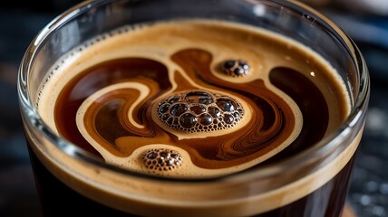 Close-up of Rich Black Coffee with Creamy Swirls and Frothy Bubbles