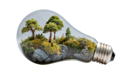 Lightbulb terrarium representing nature conservation, sustainable energy, and a green ecological future, transparent background