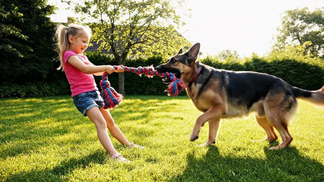Girl and German Shepherd Dog Playing Tug of War in the Green Grass.