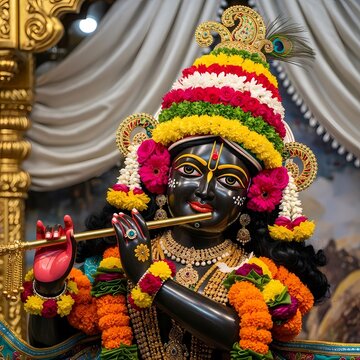 Adorned Banke Bihari Krishna Idol Playing Flute Temple Deity Photography