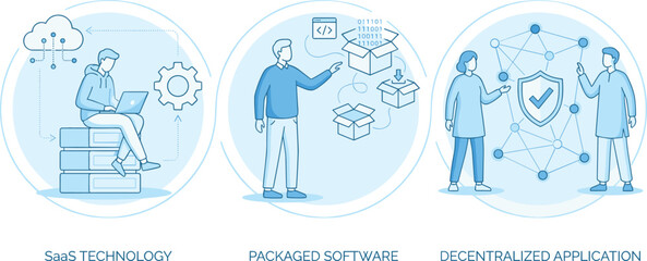 Fototapeta premium SaaS technology, packaged software, decentralized application, cloud, binary code, network, shield, gear, laptop, flat vector illustration