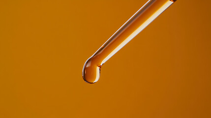 Close-up shot of a pipette dispensing an amber-colored liquid against a warm, solid background. The droplet poised at the tip offers a sense of precision, and a touch of beauty and art.