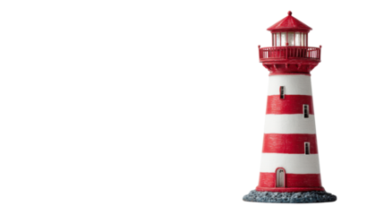 Lighthouse model with red and white stripes standing tall, guiding ships and representing safety, isolated on a transparent background