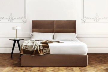 Modern luxury bedroom interior in minimal scandinavian style, 3d render
