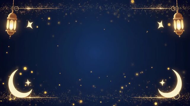 Festive background with golden particles, lanterns, and glowing crescent moons, perfect for Ramadan, Eid, and spiritual celebrations.
