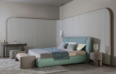 Modern luxury bedroom interior in minimal scandinavian style, 3d render
