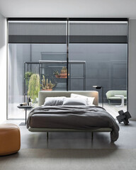 Modern luxury bedroom interior in minimal scandinavian style, 3d render
