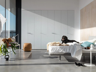 Modern luxury bedroom interior in minimal scandinavian style, 3d render
