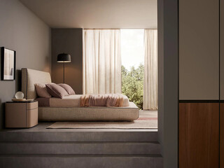 Modern luxury bedroom interior in minimal scandinavian style, 3d render
