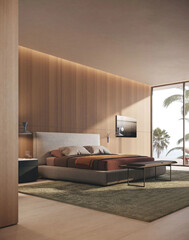 Modern luxury bedroom interior in minimal scandinavian style, 3d render

