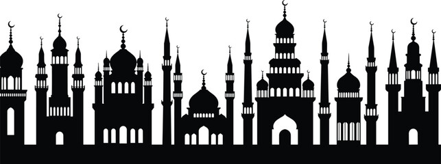 Obraz premium Black mosque skyline silhouette collection with domes and minarets for Ramadan and Eid celebration, cad drawing flat vector illustration background
