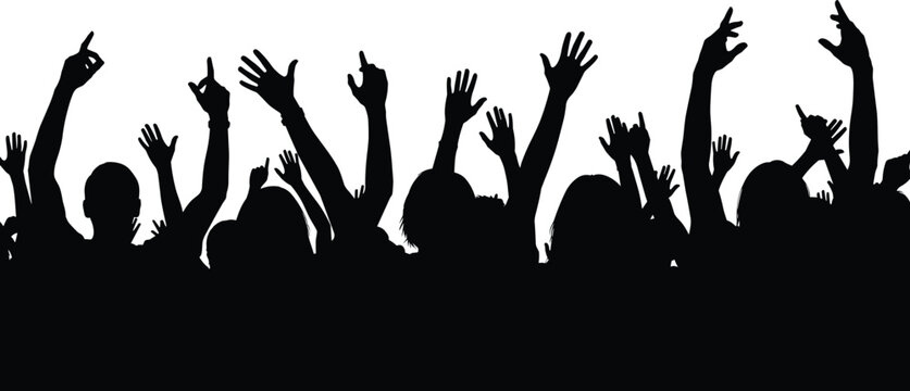 Black crowd silhouette of people with raised hands at concert or party event celebration, cad drawing flat vector illustration background