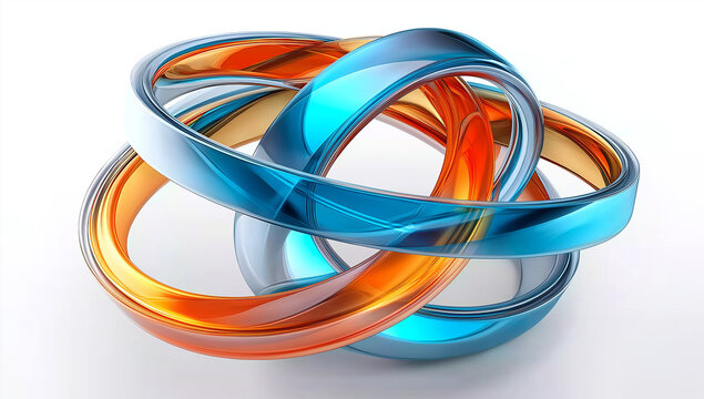 Interlocking Blue and Orange Glass Rings Abstract Sculpture isolated on a transparent background