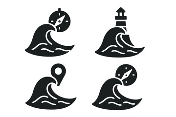 Obraz premium Wave Navigation Icons. Solid style icons of a wave peak holding navigation tools: ocean crest compass, marine peak beacon, wave
