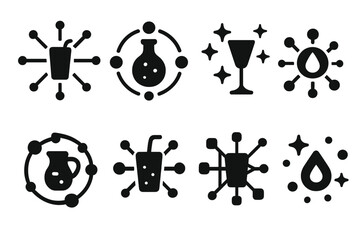 Fototapeta premium Cosmic Drink Network Icons. Solid style icons of luminous ridge guidance: glowing crest compass, radiant mountain mark, summit