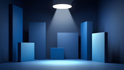 Modern abstract blue geometric shapes with spotlight in dark room.