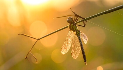 Dragonfly with sparkling wings perched on a stem, backlit by a warm golden sunset.