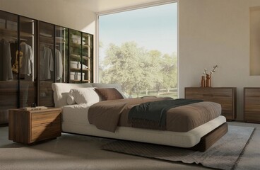 Modern luxury bedroom interior in minimal scandinavian style, 3d render
