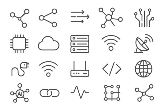 Digital Network Icons. Line style icons of digital networks: nodes, connection line, data flow, hub, circuit board, microchip,