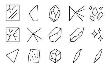 Glass Fragments Icons. Line style icons of glass fragments: broken mirror, sharp edge, crystal piece, reflection ray, cracked pane