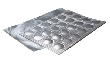 Medical blister pack containing prescription pills, medication for healthcare treatment, pharmaceuticals for pharmacy use on a transparent background