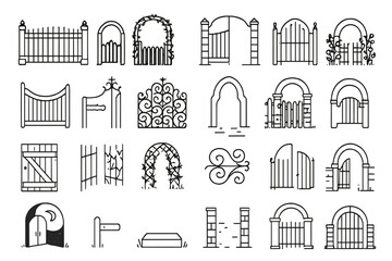 Naklejka premium Garden Gate Icons. Line style icons of garden gates: wrought iron gate, wooden arch, vine-covered gate, stone pillars, open path,