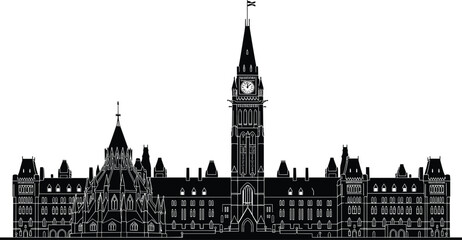 Obraz premium Ottawa city skyline silhouette, panoramic Canadian Parliament buildings with Peace Tower, black and white cityscape, cad drawing flat vector illustration